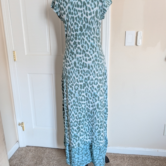 Denim&Co Green Animal Print Midi Dress Short Sleeve XXS XS Cotton Linen Blend - Picture 4 of 8